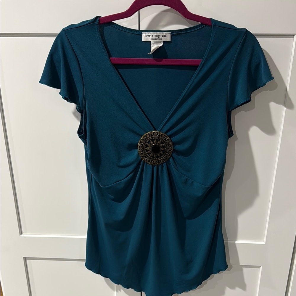 Vibrant Green and Blue Ruched Flutter Sleeve Blouse